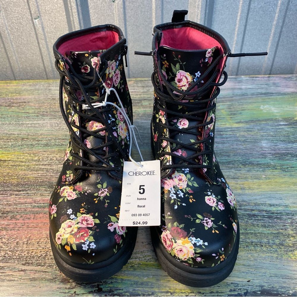 Cherokee Black and Pink Combat Boots with Floral Design